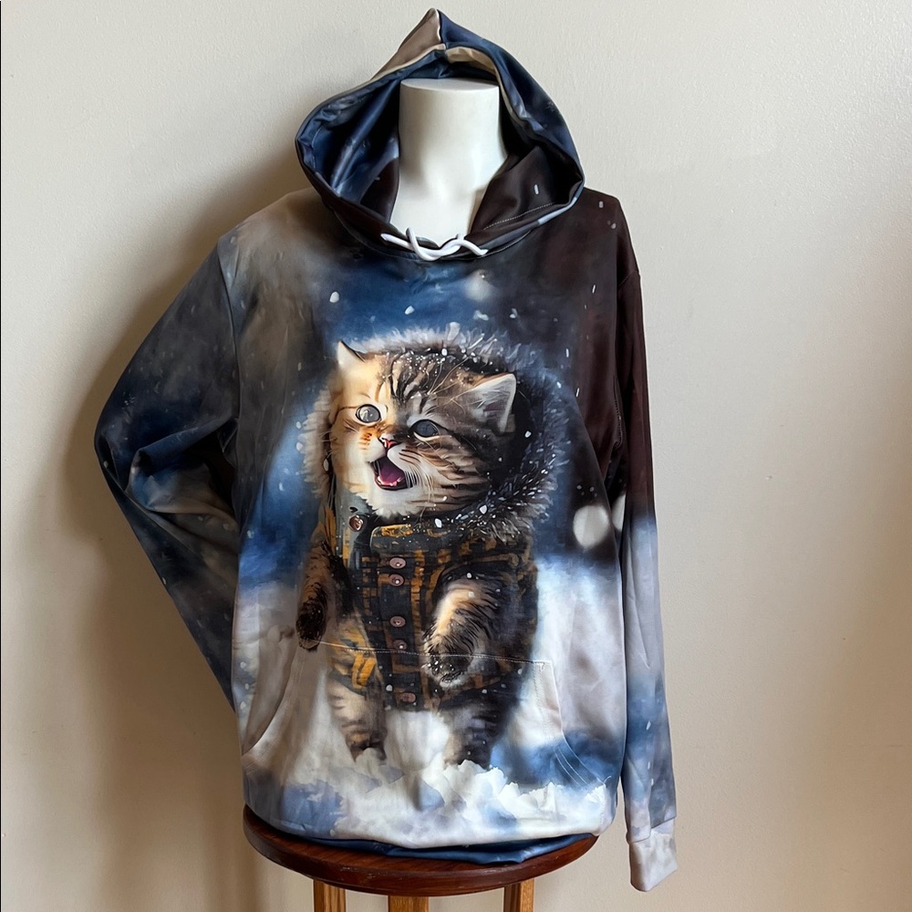 Adorable Kitten Graphic Hoodie in Blue and Brown